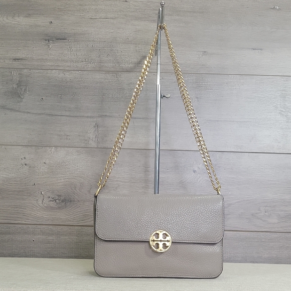 Tory Burch Handbags - Tory Burch Gray Pebble Leather Flap Front Chain Shoulder Bag